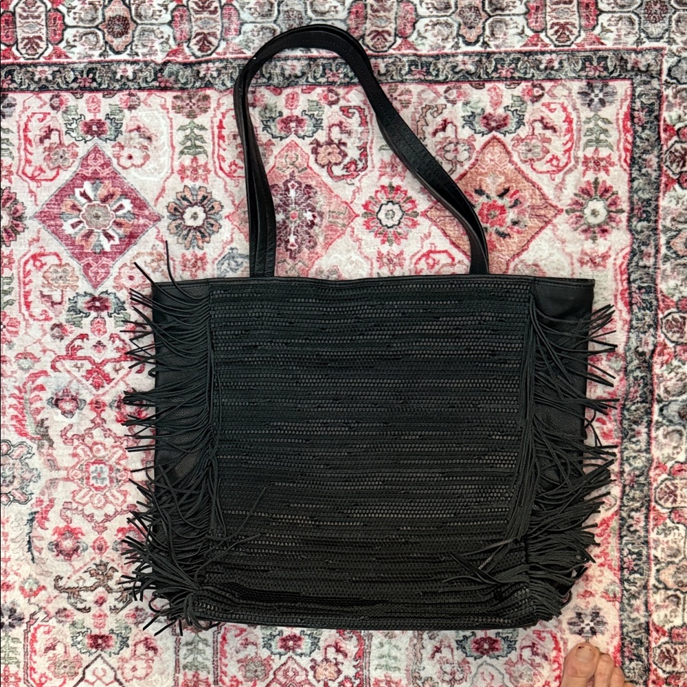 Elliott Lucca Black Woven Fringe Tote